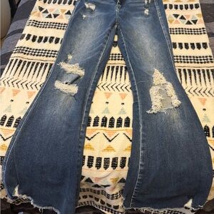 Flying Monkey Distressed Flare Jeans in Blue